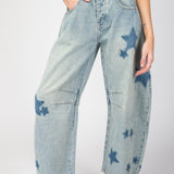 Barrel Leg Jeans w/ Star Print - Blue Denim