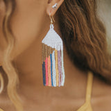 Seed Bead Fringe Earrings - White w/ Rainbow Stripe