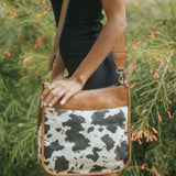 Chloe Large Crossbody Purse w/ Front Pocket - Cow Print - Brown
