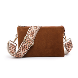 Izzy Faux Suede Cross Body Purse with Guitar Strap -  Brown