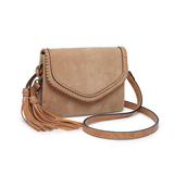 Sloane Faux Suede Cross Body Purse with Saddle Stitch & Tassel -  Tan Suede
