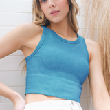 Chevron High Neck Crop Top by NikiBiki - Vintage Teal Blue