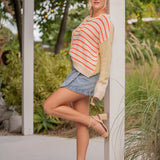 Cream & Red Sweater w/ Half Stripe & Half Cable Knit - By Together