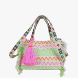 Woven Tapestry Gywneth Fringe Tote Bag - Neon