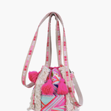 Colorful Woven Tribal Bucket Bag w/ Tassel Trim - Neon Pink