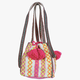 Colorful Woven Tribal Bucket Bag w/ Tassel Trim - Neon Yellow