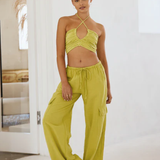 Ruched Open Front Crop Top - Pistachio Green