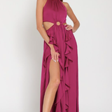 Ruffled Satin Halter Maxi Dress w/ Tie Back - Berry