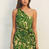 Green Palm Print One Shoulder Mini Dress - Green Ibiza Palm