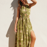 Green Graphic Palm Print Maxi Dress w/ Open Back - Green Print