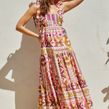 Sleeveless Maxi Dress - Pink & Brown Geo Pattern
