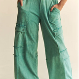 Mineral Wash Wide Leg  Cargo Sweatpants -  Light Teal
