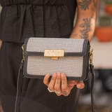Elizabeth Tweed Cross Body Purse  -  Gold Buckle & Faux Leather Trim - Grey / Black