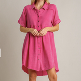 Hot Pink Gauze Short Sleeve Button Up Collared Dress w/ Raw Edges