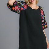 Black Linen Embroidered Sleeve Dress w/ Raw Edges, Hi Lo Hem & Pockets