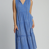 Sleeveless Gauze Midi Dress w/ Tie Neck- Light Blue