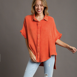 Short Sleeve Button Up Gauze Shirt w/ Hi Lo Raw Hems - Orange
