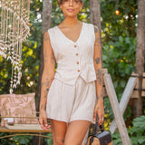 Striped Linen Look Pleated Shorts - Natural / Black