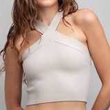 Halter Neck Knit Cropped Tank Top - Oatmeal