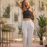 Striped Linen Look Wide Leg Pants - Natural / Black