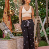 Cropped Wide Leg Linen Blend Pants w/ Bow Embroidery - Black