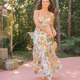 Amalfi Vacation Print Cutout Maxi Dress w/ Tie Back - Ivory / Multi