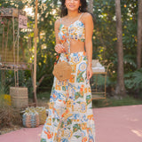Amalfi Vacation 2 Piece Set- Tie Front Crop Top & Maxi Skirt  - Ivory / Multi