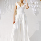 Linen Wide Leg Jumpsuit w/ Contrast Stitching & Wide Tie Straps - Cream Linen
