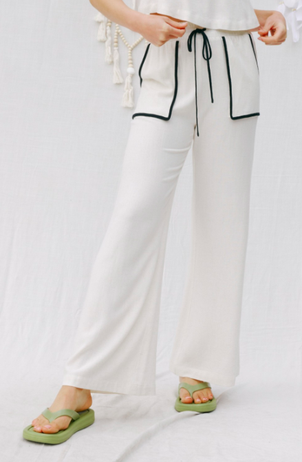Linen Pants w/ Contrast Seams - Natural / Black