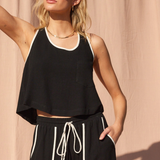 Linen Tank  w/ Tie Back & Contrast Seams -  Black  / Ivory