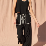 Linen Pants w/ Contrast Seams - Black / Ivory