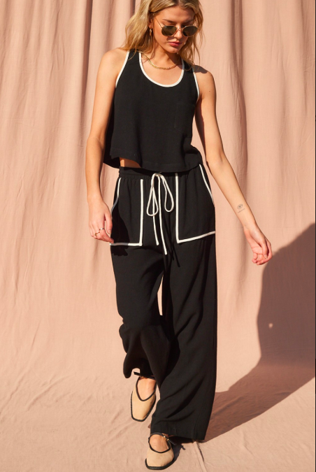 Linen Pants w/ Contrast Seams - Black / Ivory