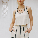 Linen Tank  w/ Tie Back & Contrast Seams - Natural / Black