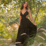 Textured Sparkle Maxi Dress w/ Open Back by Surf Gypsy  -  Black