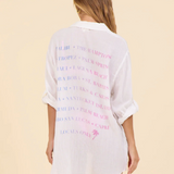 White Button Down Shirt w/ Colorful Lettering 'Destinations' by Surf Gypsy  - White