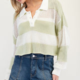 Crochet Striped Collared Sweater by Eesome - Pistachio / White