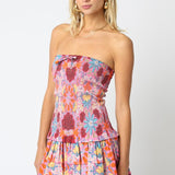 Pink Floral Mini Dress With Smocked Top And Ruffled Hem
