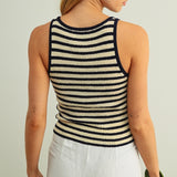 Striped Sweater Knit Tank With Embroidered Palm - Navy / White