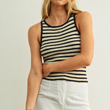 Striped Sweater Knit Tank With Embroidered Palm - Navy / White