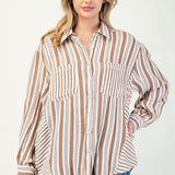 Mixed Striped Button Down Shirt by Eesome - Coco Brown / White