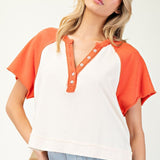Mineral Wash Crop Sporty Tee by Eesome - Orange / White