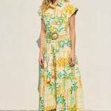Tropical Greenhouse Print Midi Shirt Dress With Belted Waist- Tropical Greenhouse Print