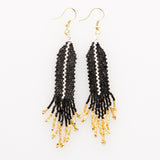 Small Beaded Black Earring With Single Ivory Stripe & Fringe