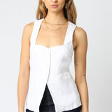 Linen Vest Top With Button Up Split Front - White
