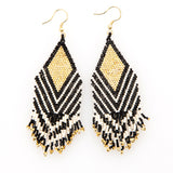 Black Ivory Stripe and Gold Diamond With Fringe Earrings