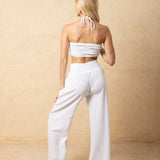 Cotton Wide Leg Pants With Smocked Waist - White