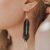 Small Beaded Black Earring With Single Ivory Stripe & Fringe